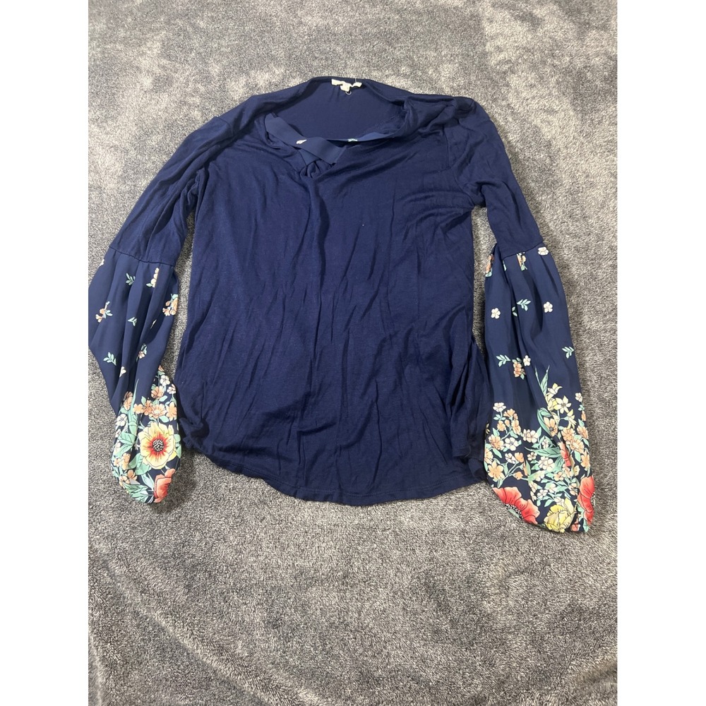 Maurices Navy Blue Floral Bell Sleeve Crisscross V-Neck Boho Blouse Small